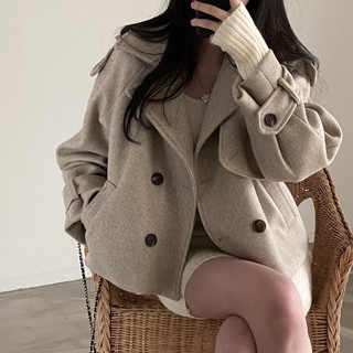 Áo khoác len dáng ngắn phối hai hàng nút thời trang thu đông