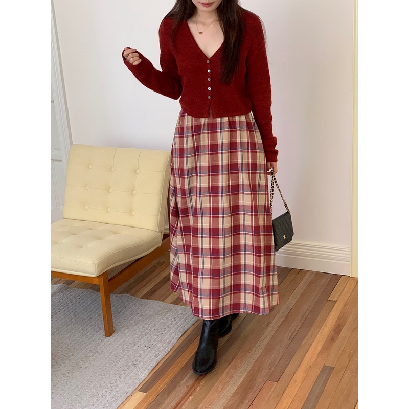 Áo cardigan Dệt Kim Tay Dài Cài Một Hàng Nút + Chân Váy Chữ a Họa Tiết Caro retro Đơn Giản Phong Cách Hàn Quốc Mới