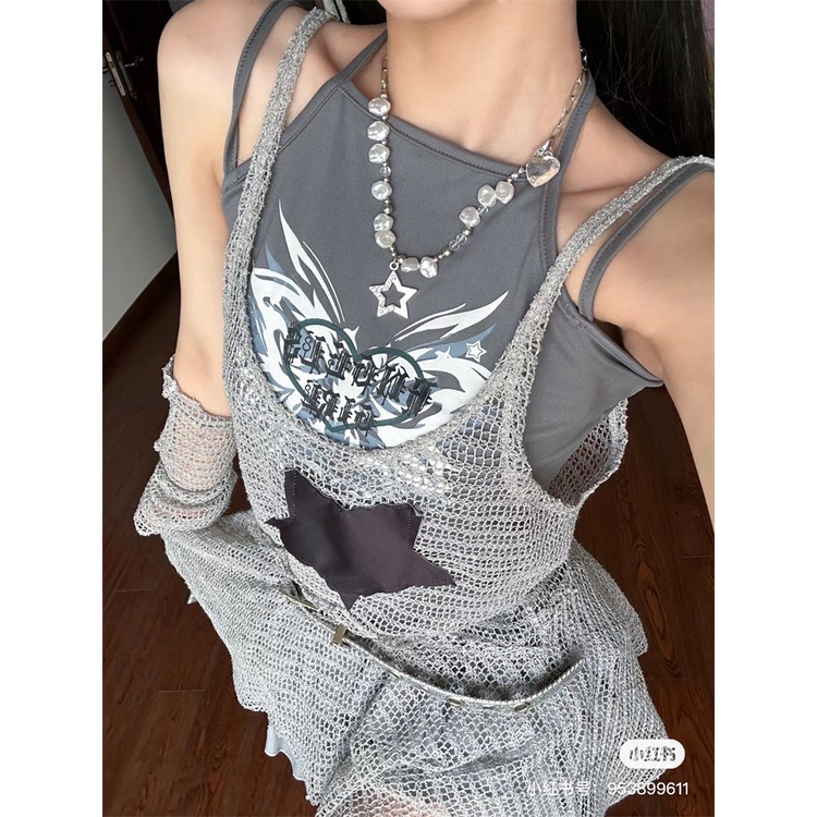 Milletnium y2k hot Set Đầm Lưới Không Tay Thêu Ngôi Sao Mùa Hè Có Tay Áo Cho Bé Gái