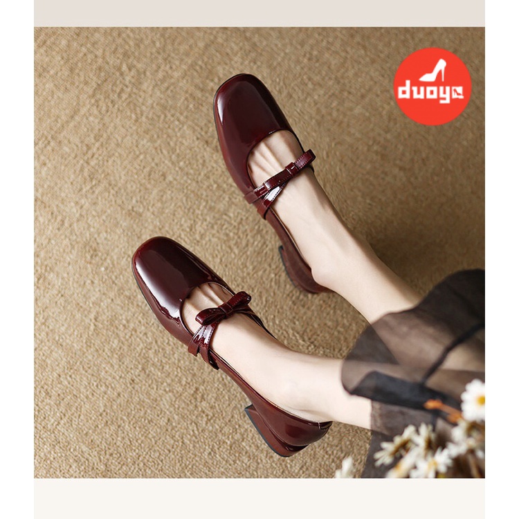 Duooya hair Thẳng ~  Giày mary jane Gót Dày Thấp Bằng Da Bóng Đính Nơ Mùa Xuân Thu Cho Nữ Miễn Phí Vận Chuyển