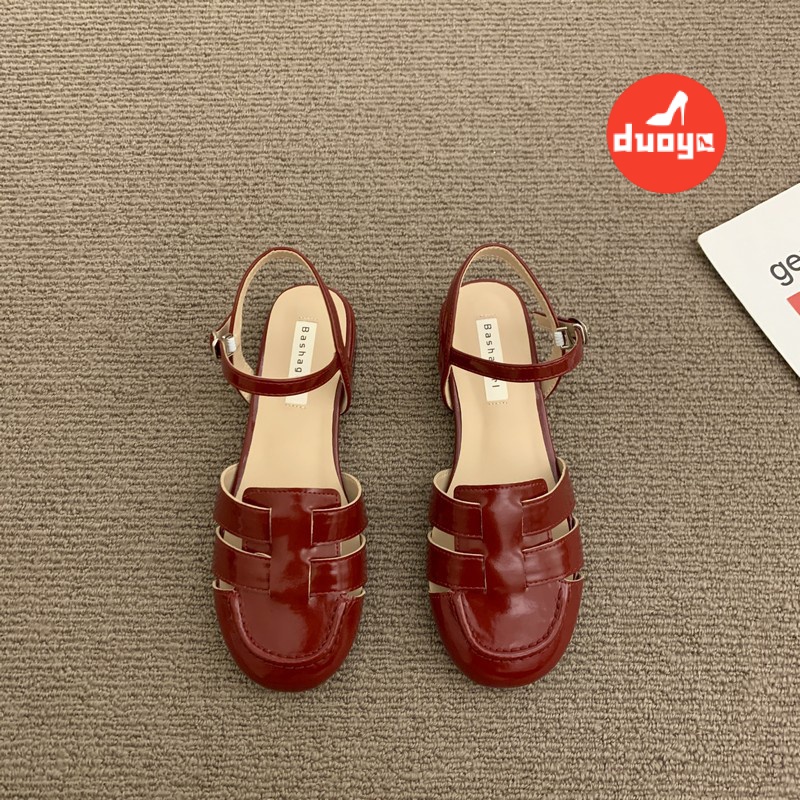 Giày Sandal Bít Mũi Bằng Da Bóng Bện Dây Đế Bằng Phong Cách La Mã Hợp Thời Trang Dễ Phối Đồ Cho Nữ Miễn Phí