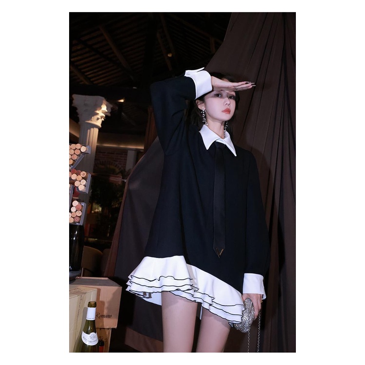 Đen Đầm Búp Bê Dáng Ngắn Phối Bèo Dễ Thương Thời Trang Cho Tuổi Trung Niên