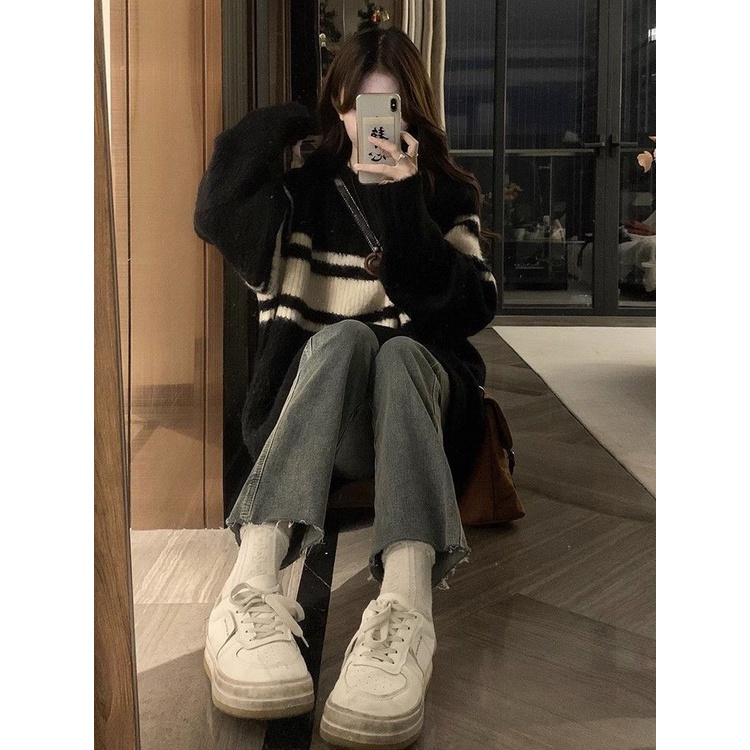 Đen Áo sweater Kẻ Sọc Dáng Rộng Thời Trang Thu Đông Dành Cho Nữ