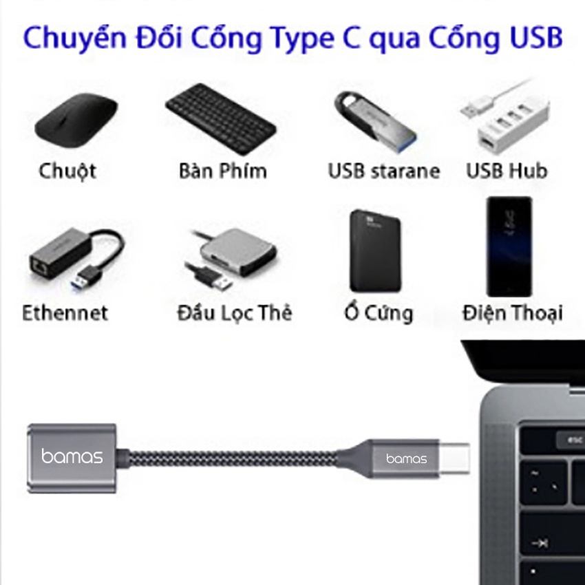 Cáp Chuyển Đổi Type C Sang Usb 3.0 BAMAS BC022 - Cáp OTG Type C Tương Thích Với Các Thiết Bị Có Cổng Type C