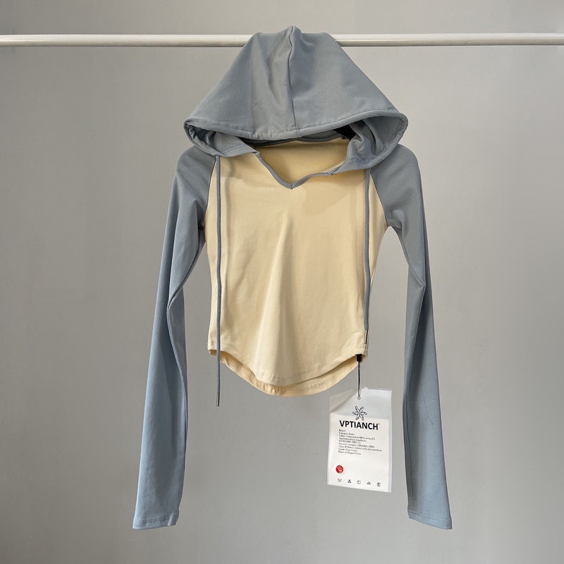 Koetsu Sport Áo Hoodie Croptop Tay Dài Ôm Dáng Co Giãn Cổ Chữ v Màu Tương Phản Thời Trang hottie