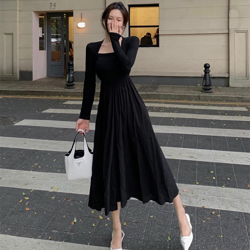 Mqaq hepburn Đầm Đen Dài Tay Cổ Vuông Phong Cách Pháp Thời Trang Xuân Thu Cao Cấp