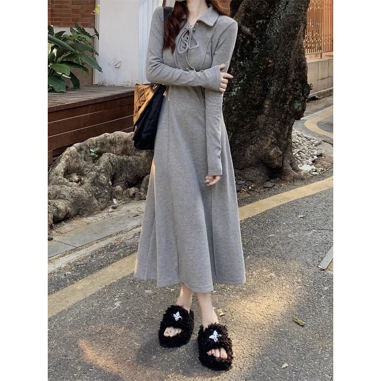 Đầm Xám Tay Dài Ôm Eo Phong Cách Thời Trang Thu Đông Cổ Điển Size s-xl