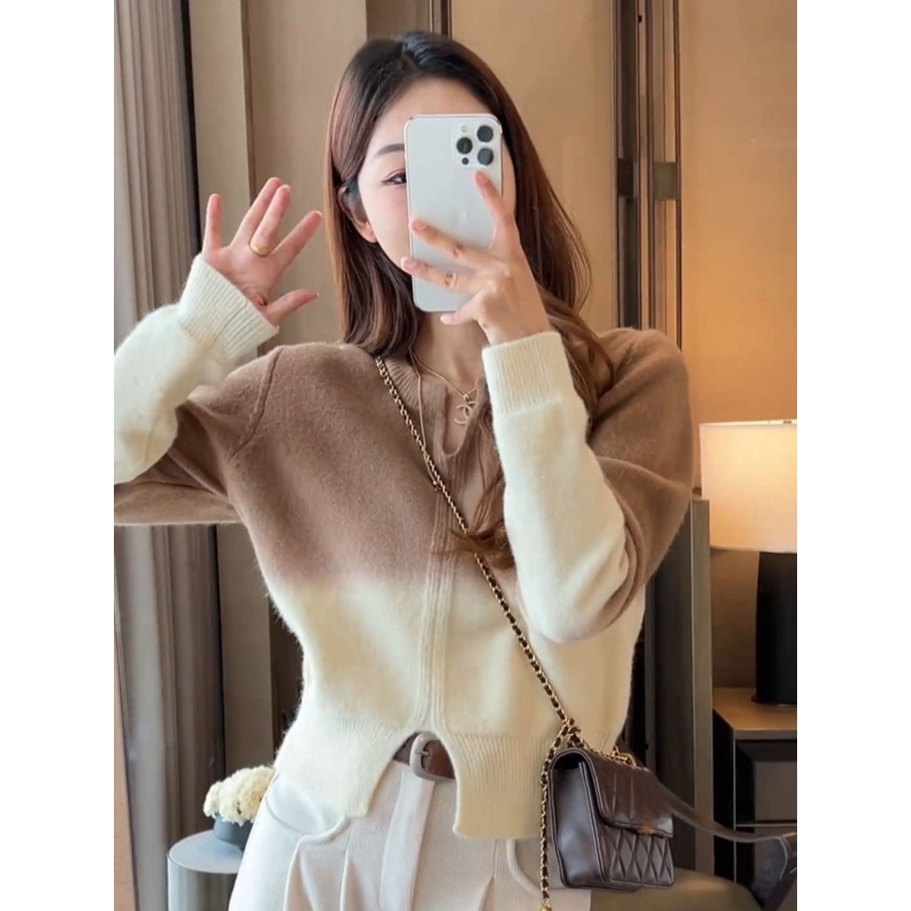 Mềm Áo sweater Dệt Kim Cổ v Màu gradient Phong Cách Phương Tây Thời Trang Thu Đông Cho Nữ