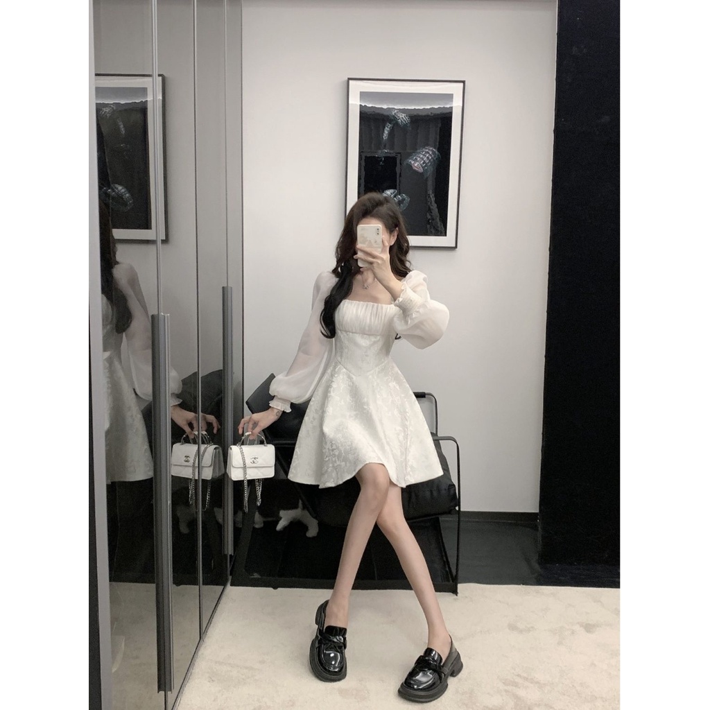 Đầm Cổ Vuông Tay Dài Phong Cách Pháp Thời Trang Xuân Thu 2023 Mới Cho Nữ