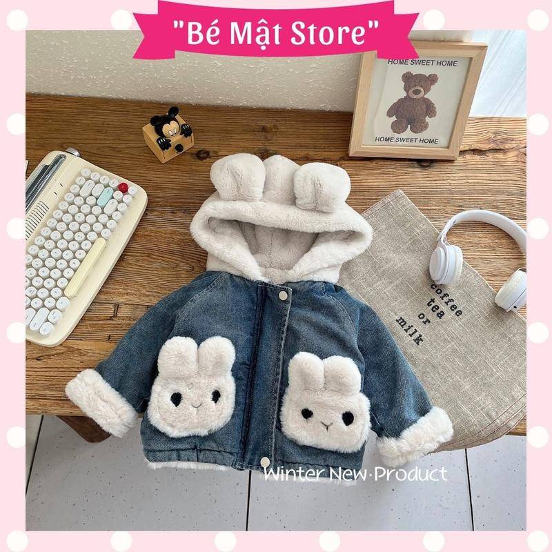 Áo Khoác Denim Thỏ Trắng Phối Lông Dày Dặn Có Mũ Trùm Đầu Tai Thỏ Đáng Yêu Cho Bé Trai Bé Gái 80-120cm