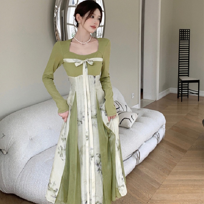 Đầm Chữ a Tay Dài Cổ Vuông Phong Cách Trung Hoa Mới Cho Nữ