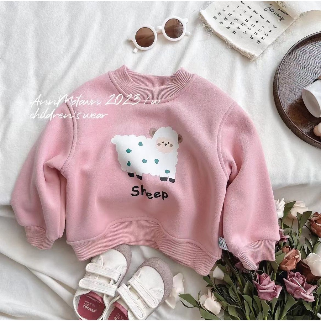 Áo Nỉ Liền Thân In Họa Tiết Hoạt Hình Lót Lông Cừu Thời Trang Thu Đông 2023 Cho Bé Gái