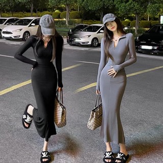Đầm nữ MMIOT tay dài cổ chữ V phong cách cổ điển thanh lịch