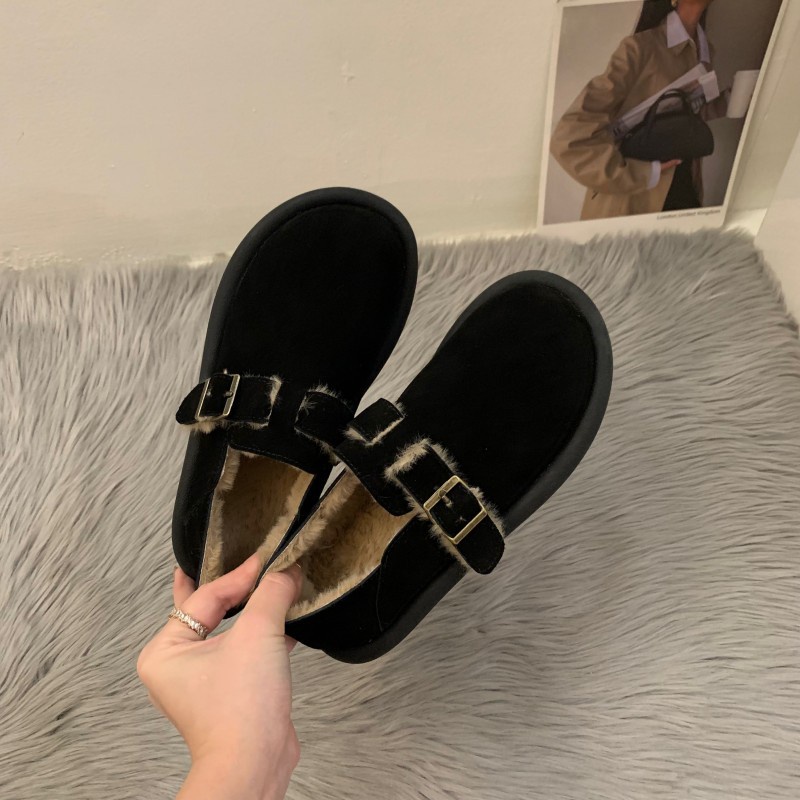 YAOLI  Giày Búp Bê Đế Bằng Phối Lông Màu Nâu Phong Cách retro Hợp Mùa Thu Đông