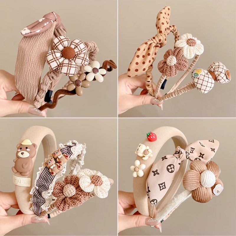 Set 3 Băng Đô Cài Tóc Đính Hoa Trà Sữa Màu Trà Sữa Dễ Thương Cho Bé Gái