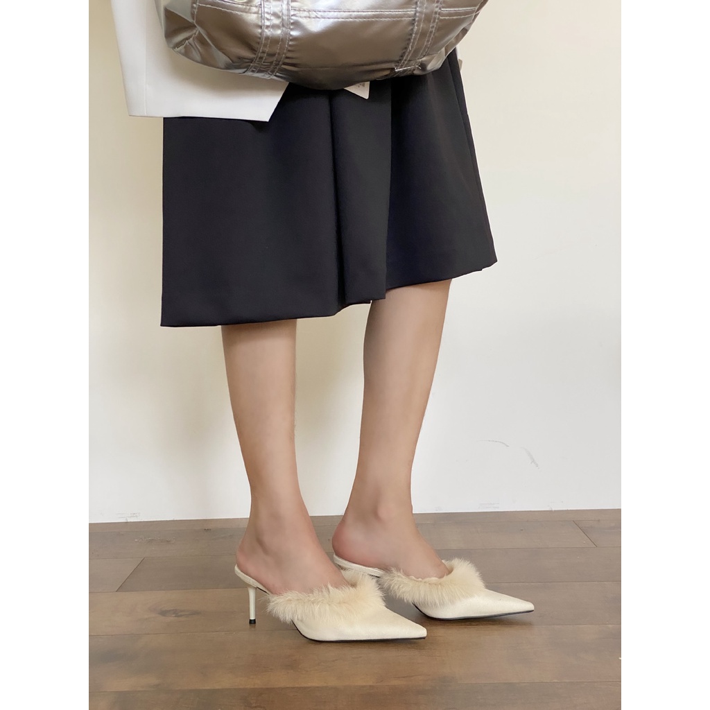 Dép Cao Gót Mũi Nhọn Phối Lông Thời Trang Thu Đông 2023 Cho Nữ