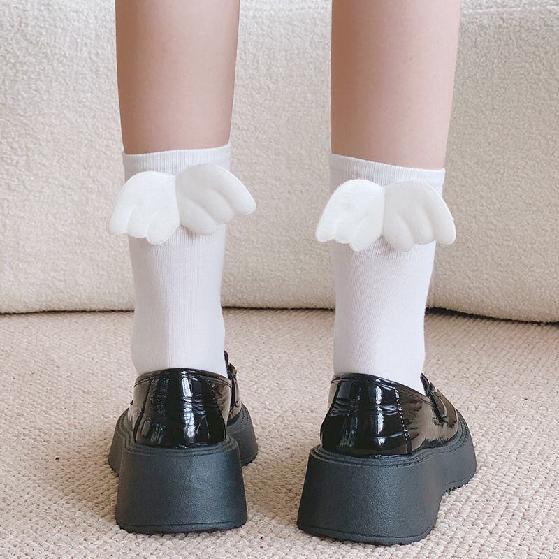 Vớ cotton Cổ Cao Họa Tiết Đôi Cánh Thiên Thần Phong Cách lolita Dễ Thương Đen