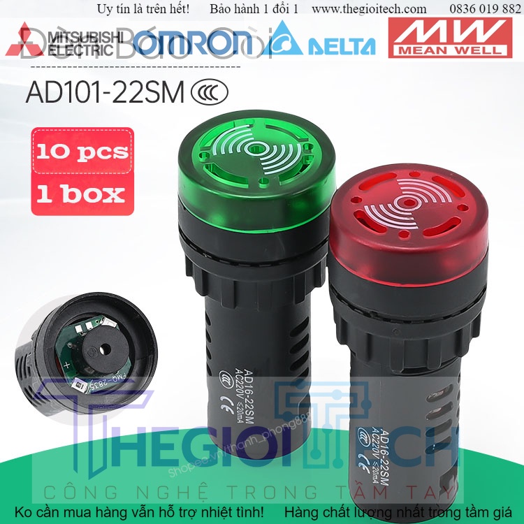 Đèn Báo Còi Phi 22mm AD16-22SM Đèn LED Có Còi 220V - Xanh