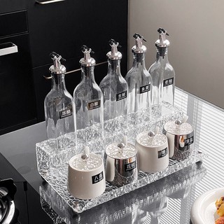Bộ hũ đựng gia vị nhà bếp gốm sứ 10 món sang trọng, bộ chai thủy tinh kèm kệ đựng vân sóng nước