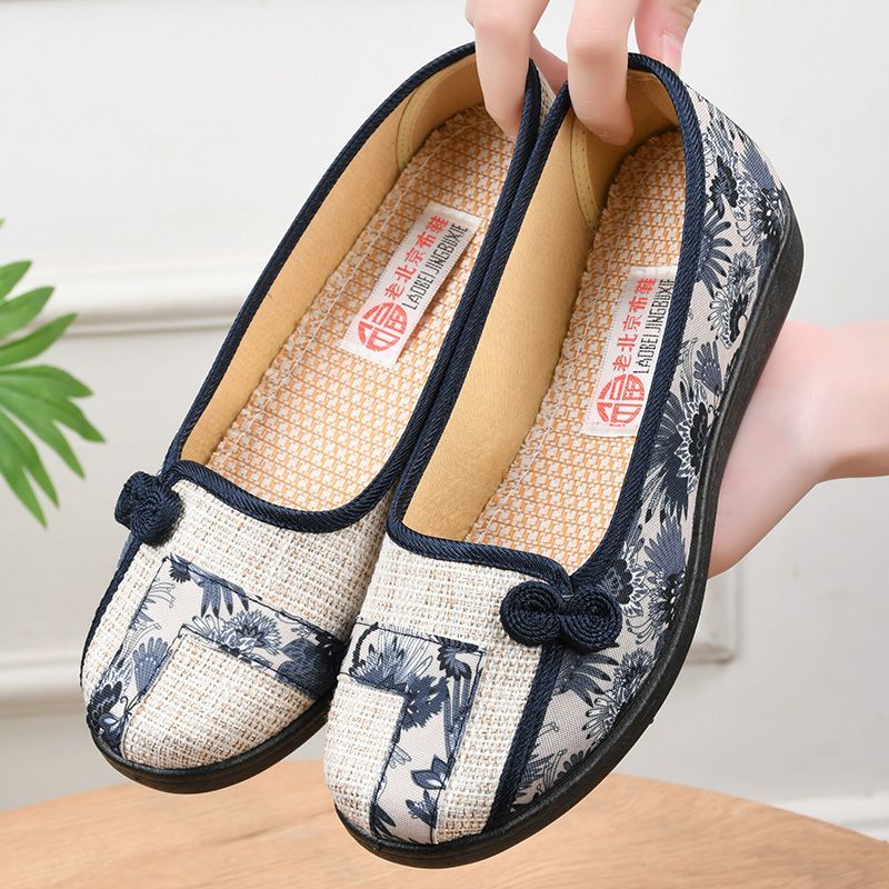 Women's canvas shoes ethnic style old Beijing cloth shoes linen flat wear-resistant shallow mouth one pedal mother's shoes soft bottom surface QMZS