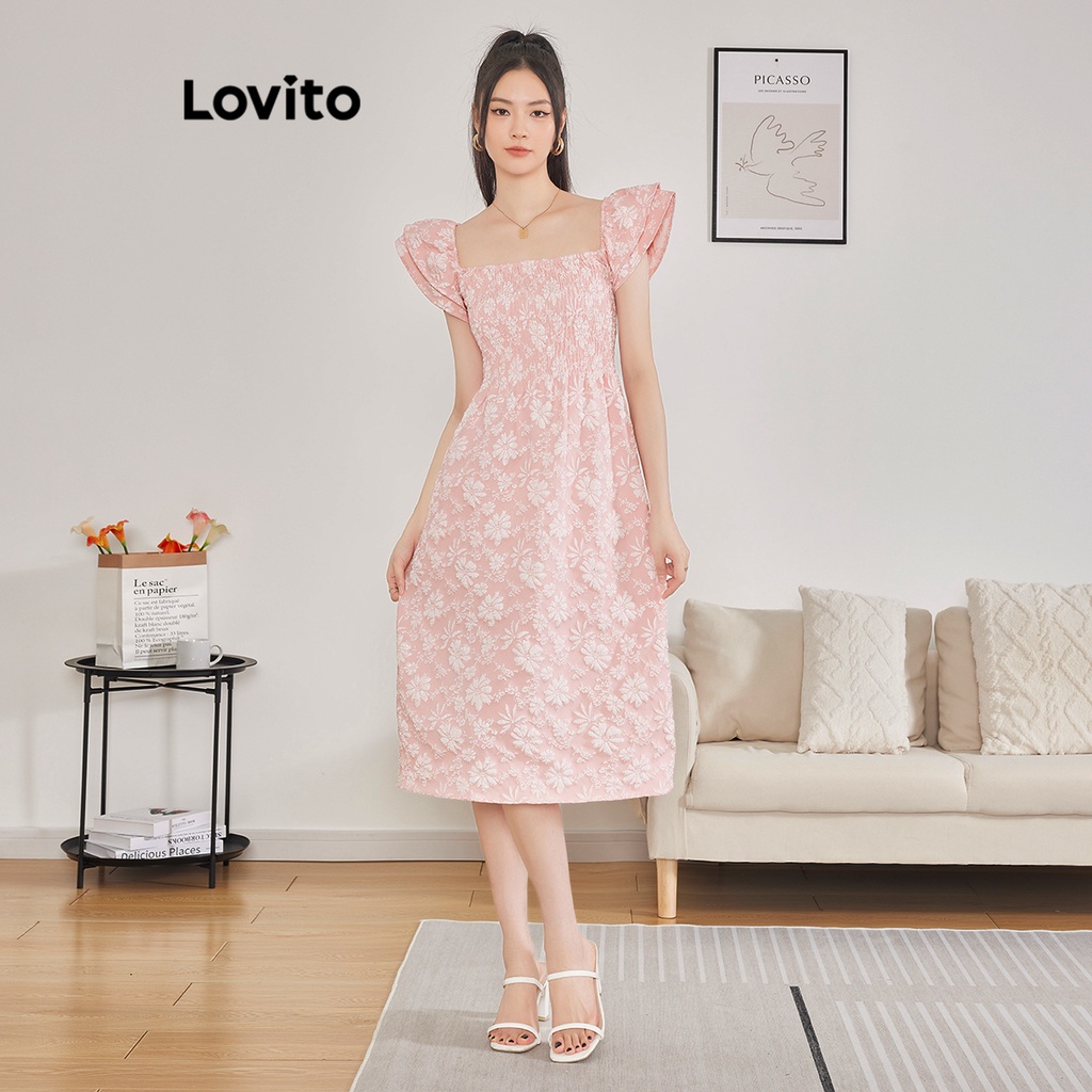 Đầm Lovito xếp nếp dún thun họa tiết hoa thanh lịch cho nữ L62ED173