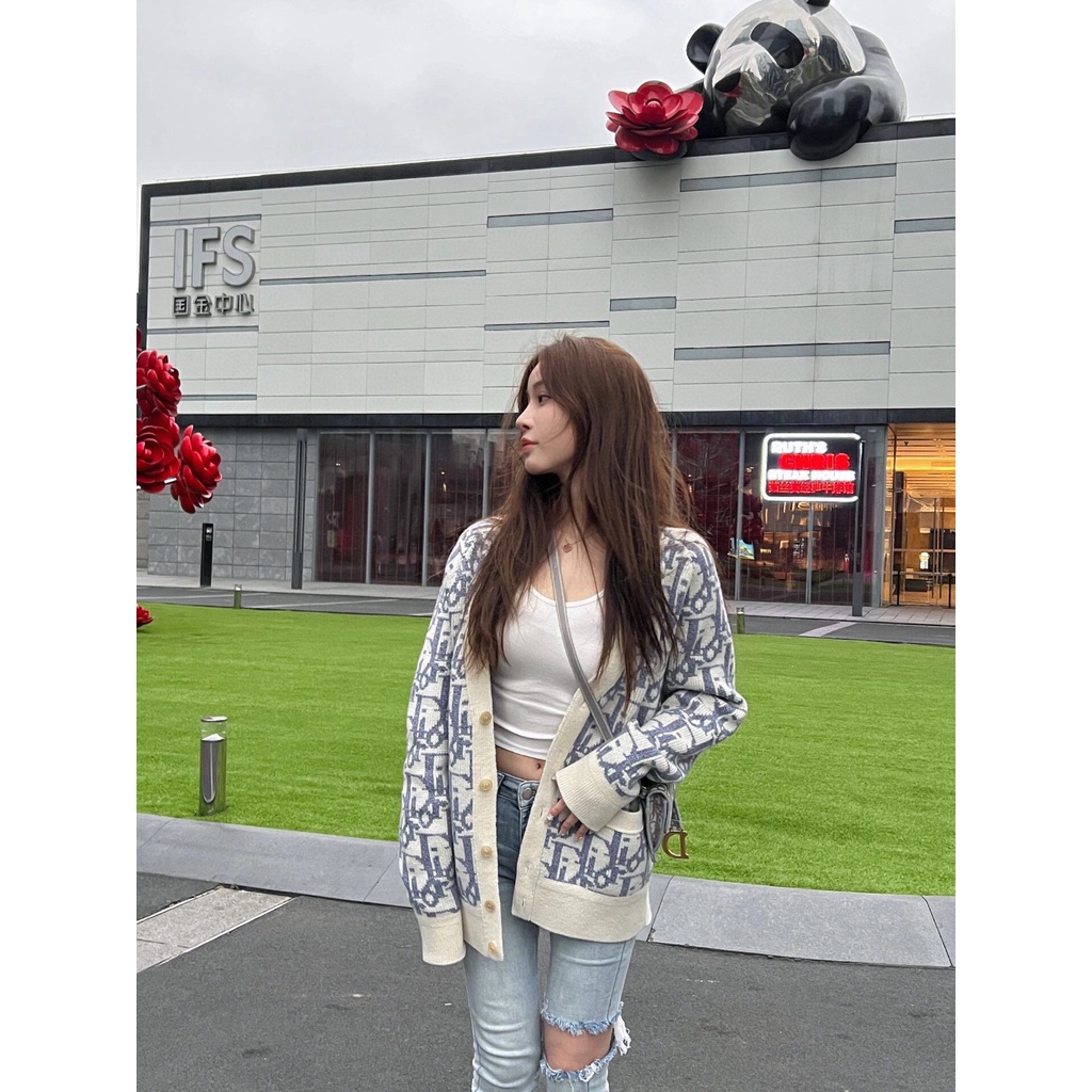 DIOR 23 new autumn and winter presbytery sweater full of LOGO letter print long sleeve knitted cardigan woman