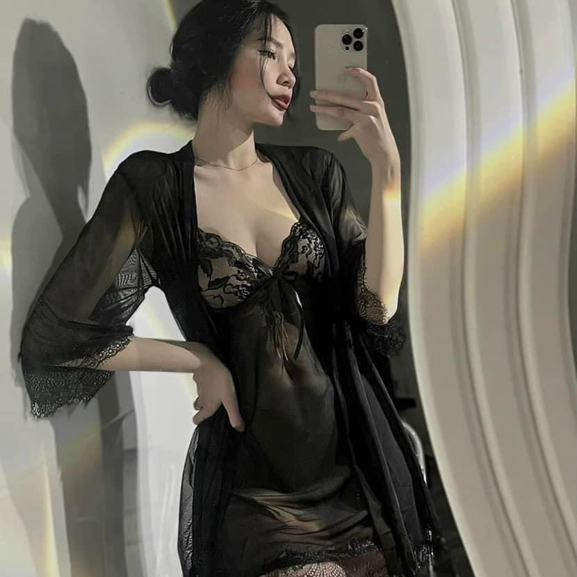 V84 Set váy ngủ kèm áo choàng voan mềm