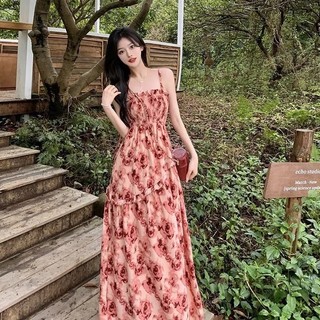 Đầm hai dây dáng dài họa tiết hoa hồng phong cách retro pháp 2023#连衣裙#女士连衣裙