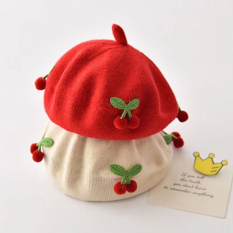 Mũ beret Dệt Kim Màu Trơn Giữ Ấm Mùa Thu Đông In Họa Tiết cherry Dễ Thương Phong Cách Hàn Quốc Cho Bé Gái Sơ Sinh