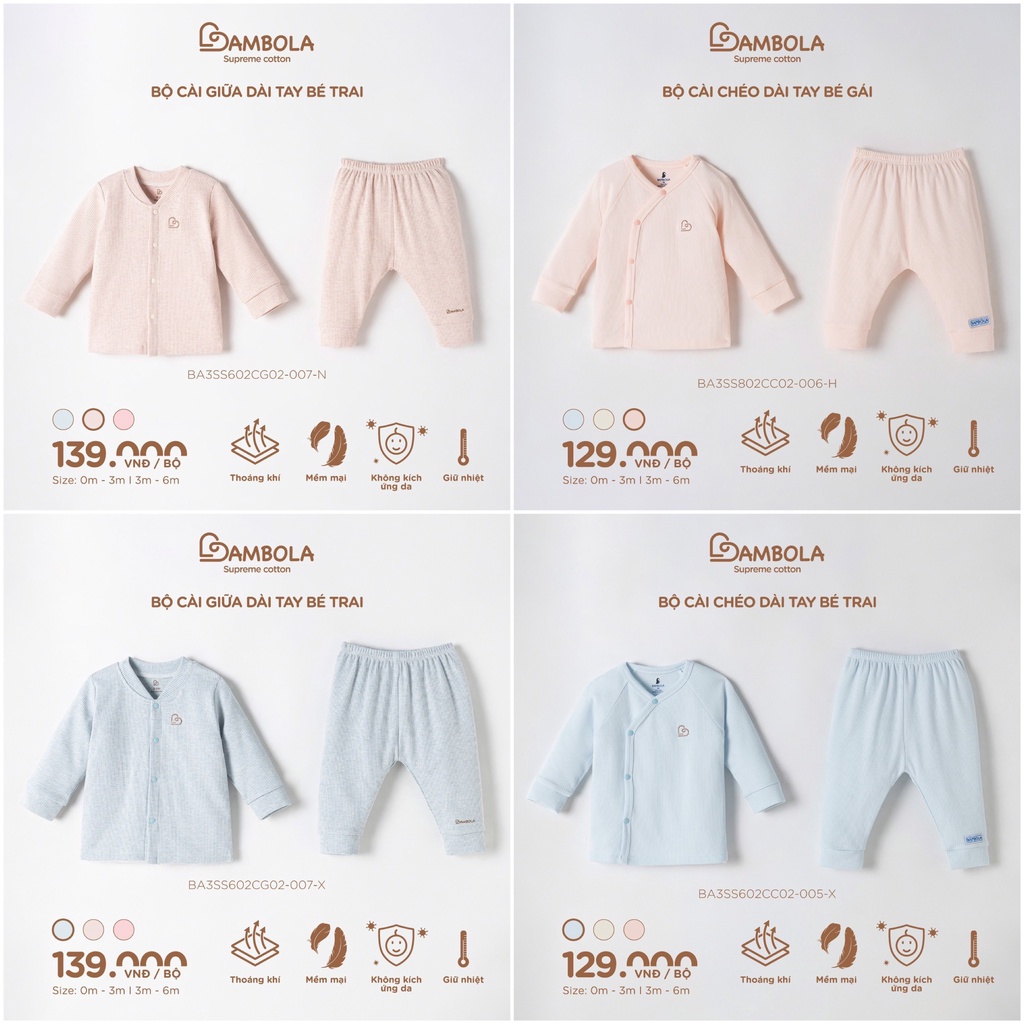BAMBOLA Bộ áo quần dày tay BAMBOLA cài cúc chéo/ cúc giữa chất liệu cotton nu petit cao cấp cho bé yêu từ 0 - 6 tháng