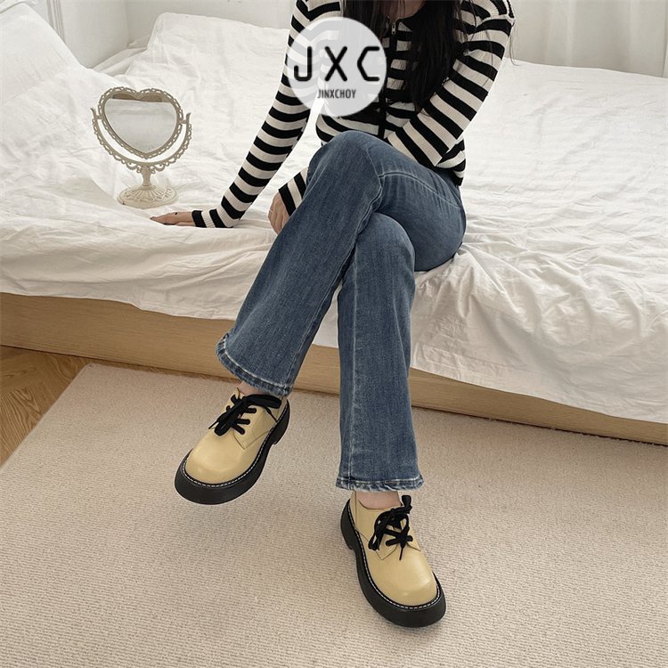 JINxCHOYGiày Da pu Mũi Tròn Đế Dày Buộc Dây Chéo Phong Cách Pháp Cổ Điển Thời Trang Cho Nữ