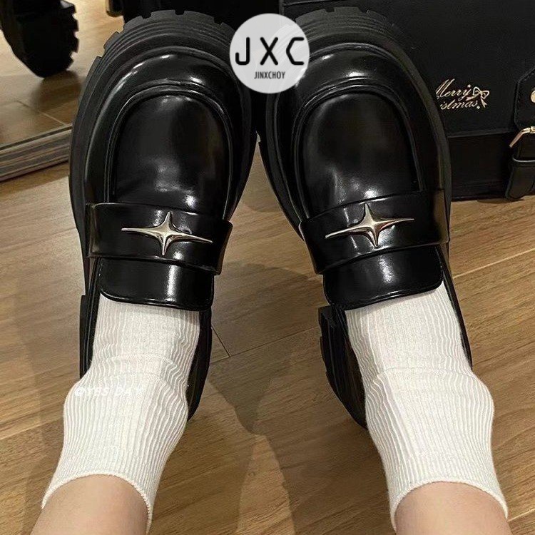 JINxCHOYGiày Lười Da pu Mũi Tròn Phong Cách Anh Quốc Thời Trang Cho Nữgiày búp bê nữ dép nữ