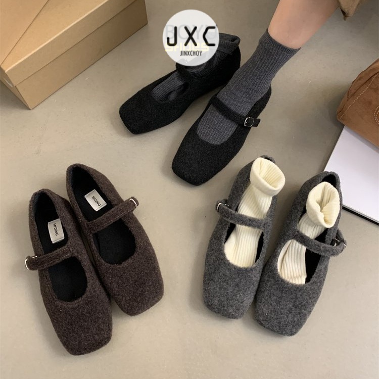 Giày Lười Da Lộn Mũi Vuông Đế Bằng Phối Khóa Cài Phong Cách retro Giản Dị Dành Cho Nữ