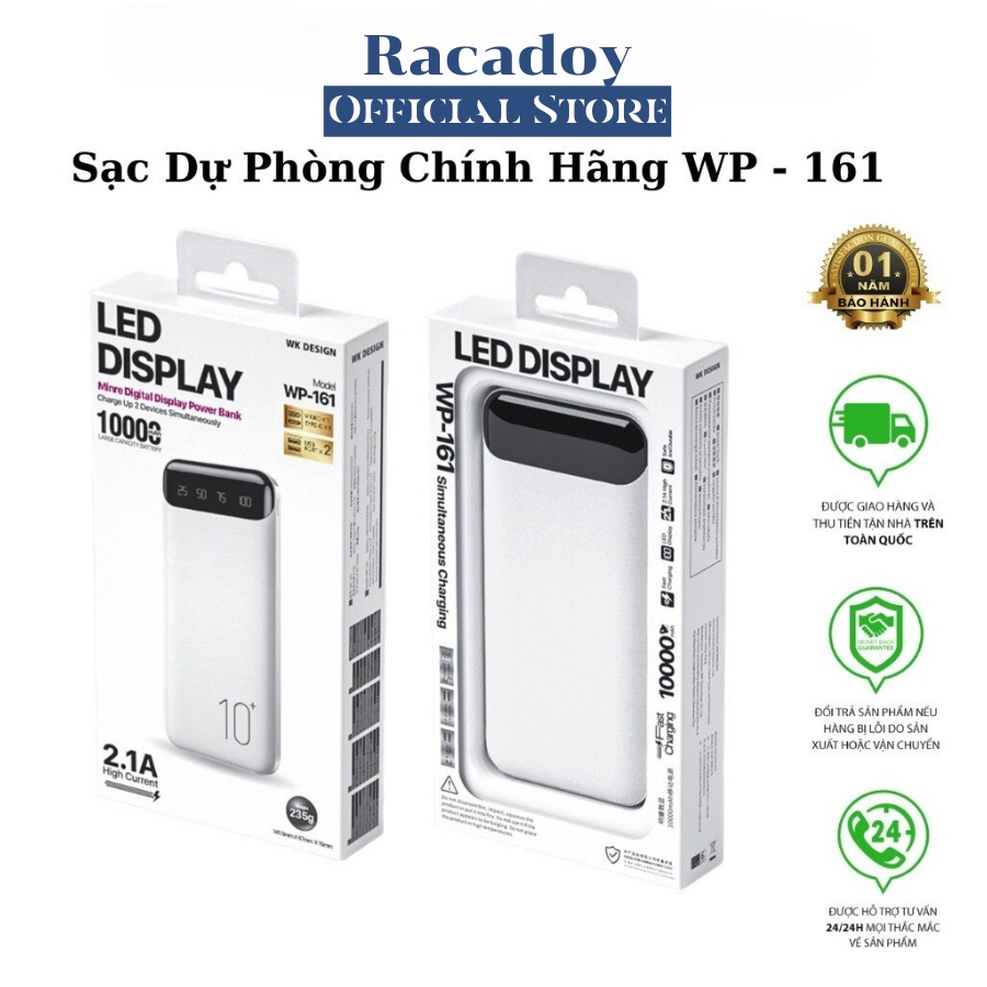 Pin Sạc Dự Phòng l 10000mAh - 20000mAh WK DESIGN WP-161 Sạc 2 Thiết Bị Cùng Lúc, Sạc Nhanh 2.1A - Racadoy