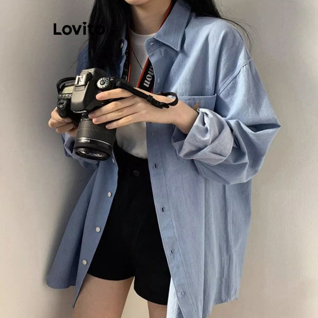 Lovito Áo denim trơn có nút phía trước thông thường dành cho nữ LNE24112 (Màu xanh da trời)