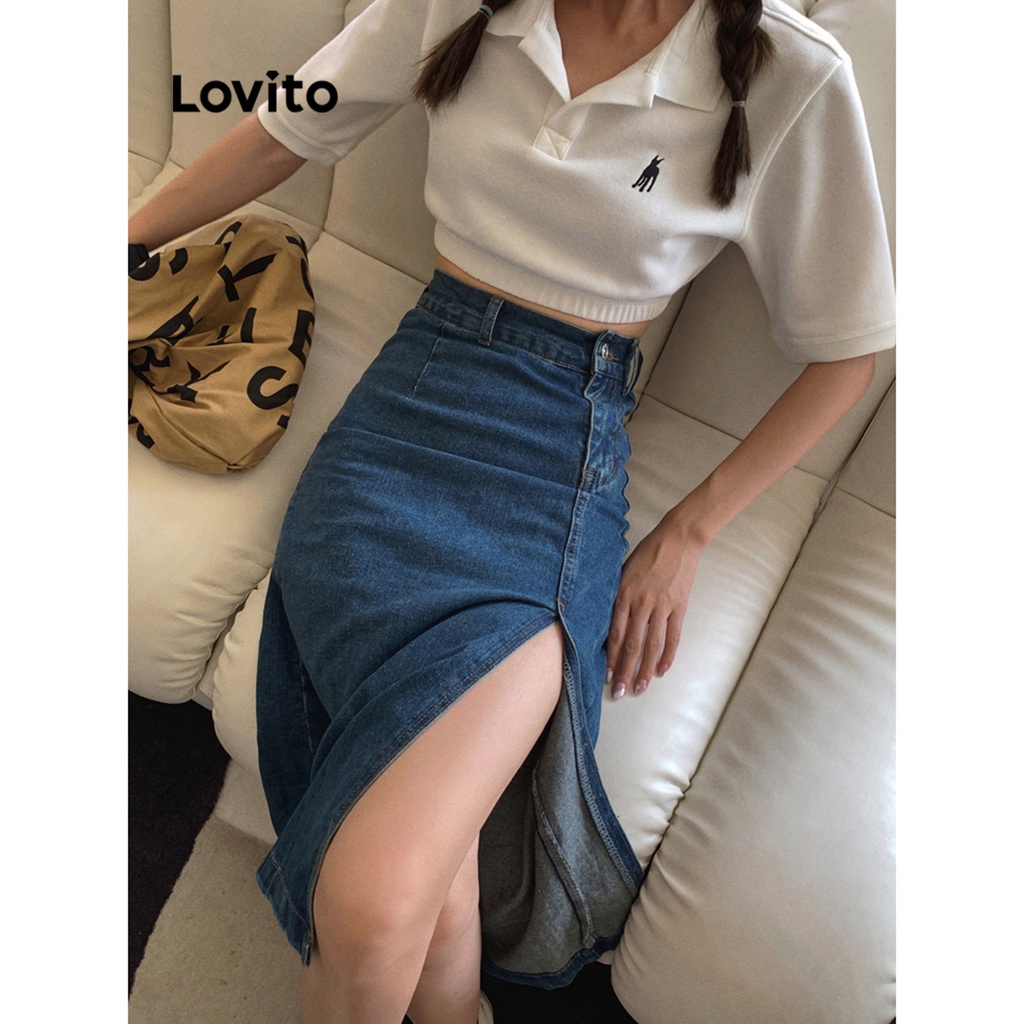 Lovito Váy denim buộc dây kéo phía trước đơn giản có dây kéo phía trước dành cho nữ LNE31270 (Xanh đậm)