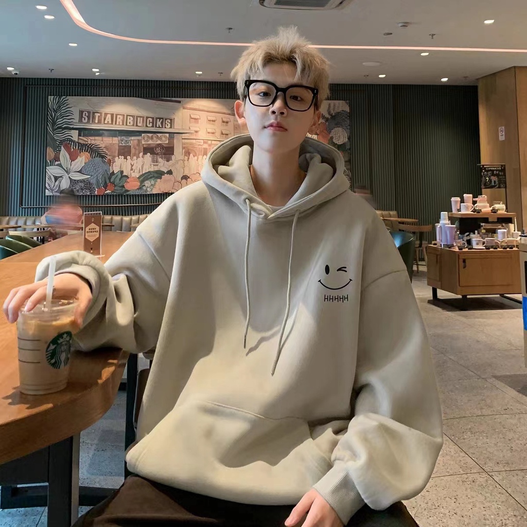 Áo Hoodie Nhung Dày Dặn In Hình Mặt Cười Màu Bạc Phong Cách hong kong Thời Trang Thu Đông Mới Cho Nam Và Nữ