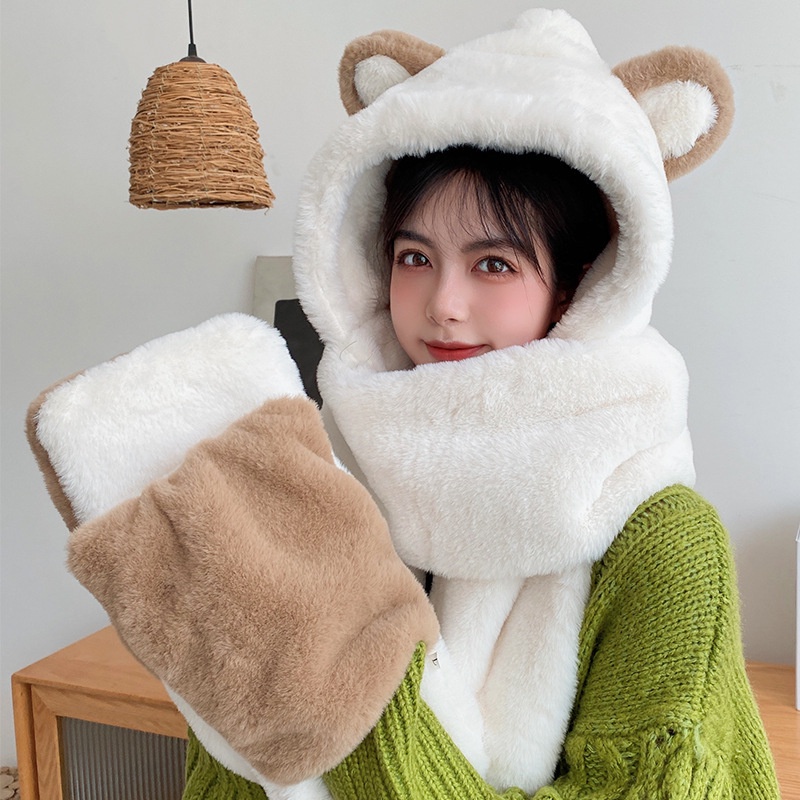 PVN62053 Khăn bông kèm mũ tai gấu hàng quảng châu chất len lông mịn cao cấp T2