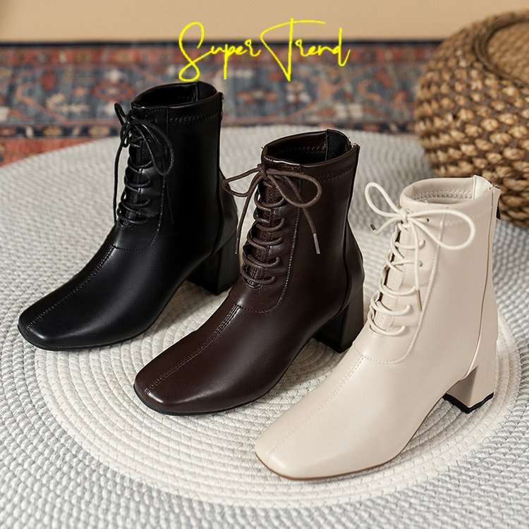 Giày Bốt Da pu Cổ Thấp Mũi Vuông Thoáng Khí Cột Dây Phía Trước Phong Cách retro Thời Trang Mùa Đông Cho Nữ