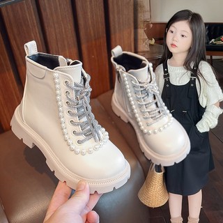 Bốt Lót Lông Cho Bé Gái Dây Đá Đính Ngọc Trai Có Khóa Kéo Sz 26-37, Boots Giày Bốt Bé Gái Hàng QC Cao Cấp [ kieusashop ]