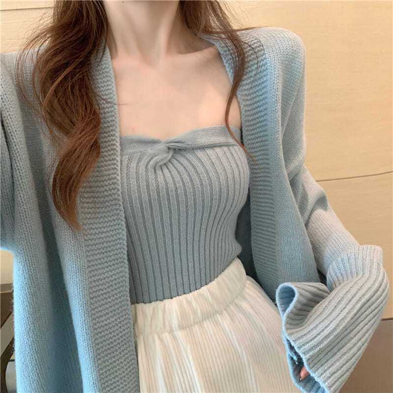 🎀48 giờ gửi🎀Áo Len Nữ set đồ nữ Áo Khoác Len cardigan Hai Mảnh Mềm Mỏng Dáng Rộng Màu Hồng Thời Trang Xuân Thu 2023