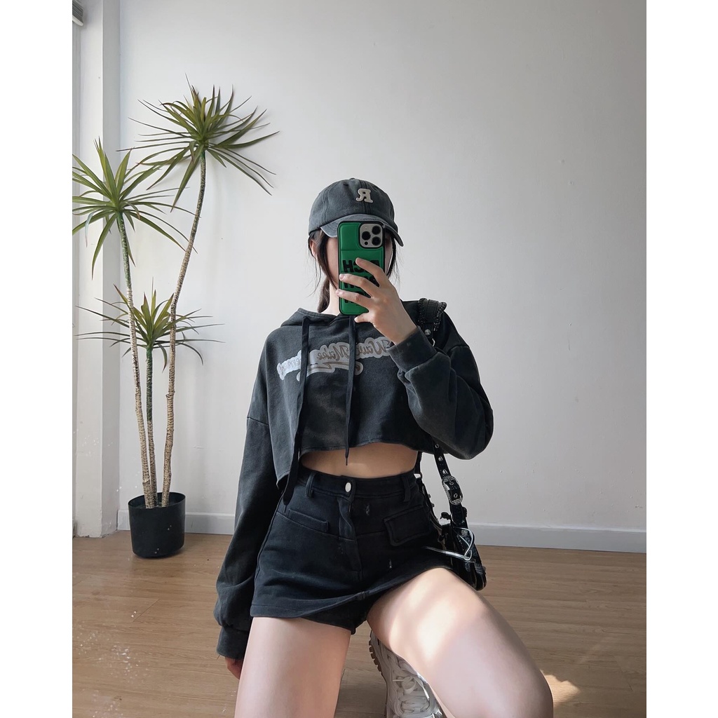 Áo crop hoodie + Quần giả váy VINTAGE XÁM CHUỘT