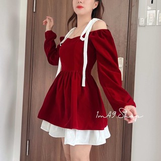 Đầm Nhung Trễ Vai Tay Dài 2 Tầng Dáng Xòe Phối Tùng Xếp Ly D130