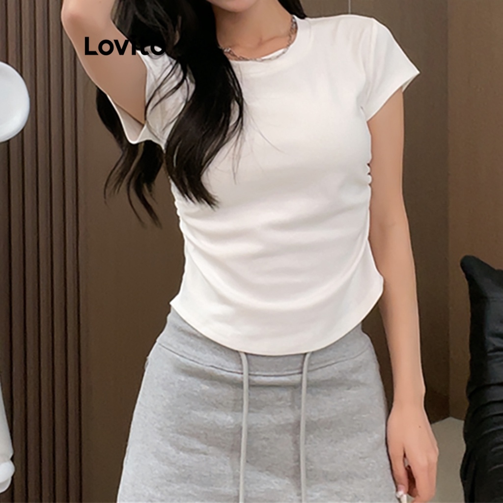 Lovito Áo thun xếp nếp trơn đơn giản cho nữ LNE35228