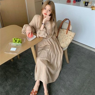Đầm Lanh Tay Dài Dáng Rộng Cột Dây Màu Sắc Trà Sữa Phong Cách Pháp Thời Trang Xuân Thu Xinh Xắn Cho Nữ