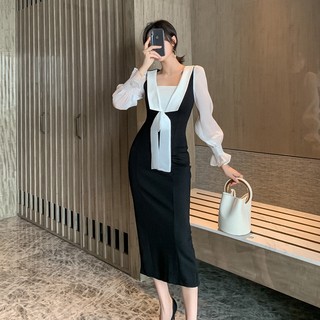 Đầm Tay Phồng Màu Trắng Đen Thời Trang Mùa Thu 2023 3438 Cho Nữ