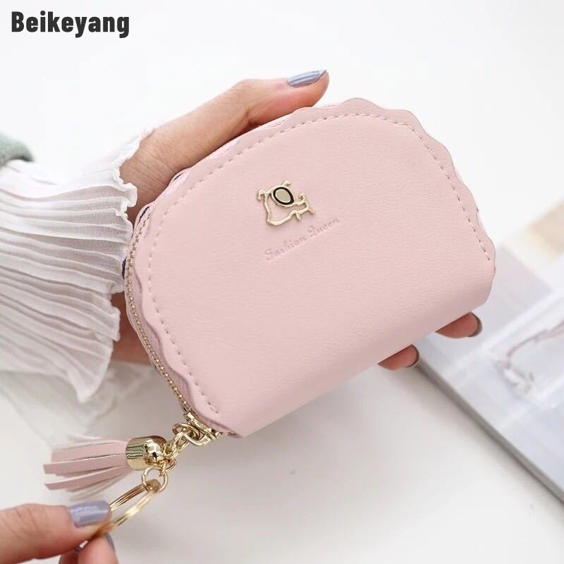 Beikeyang Ví Đựng Thẻ mini Phối Tua Rua Đơn Giản Cá Tính Kiểu Hàn Quốc Cho Nữ