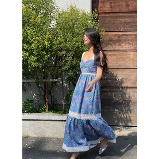 Đầm hoa maxi phối ren cotton