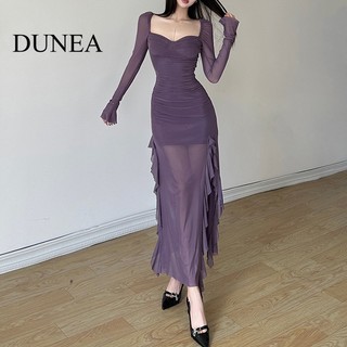 DUNEA Đầm Tay Dài Cổ Vuông Phối Lưới Quyến Rũ Thời Trang Cho Nữ