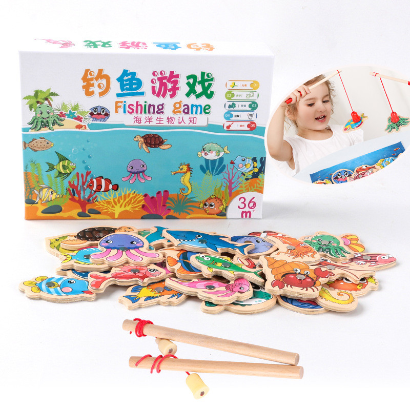 Bộ câu cá nam châm,Đồ chơi câu cá bằng gỗ, Kèm theo cần câu nam châm cho bé, 15/31 sinh vật biển bằng gỗ